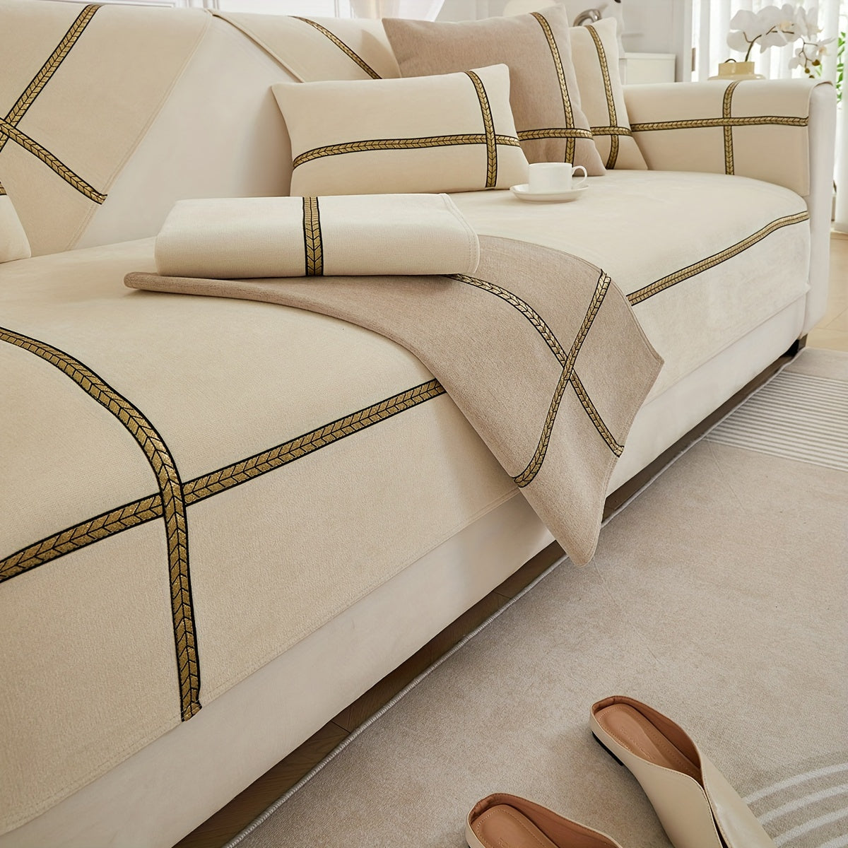 Chenille Sofa Cover with Tiebu Embellishment Non-Slip Machine Washable Durable 330gsm