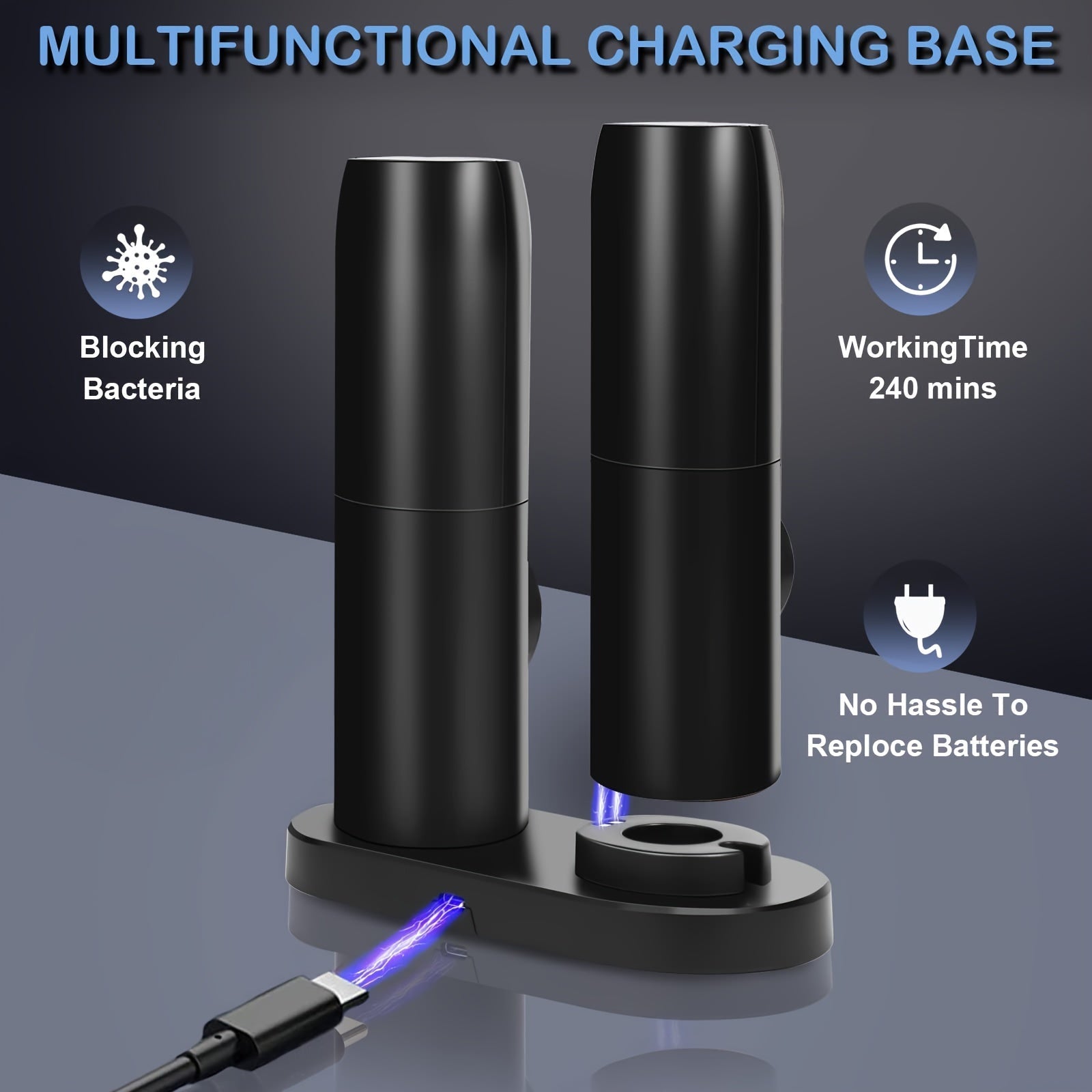 Set of 2 Rechargeable Electric Pepper and Salt Grinders with LED Light and Adjustable Coarseness