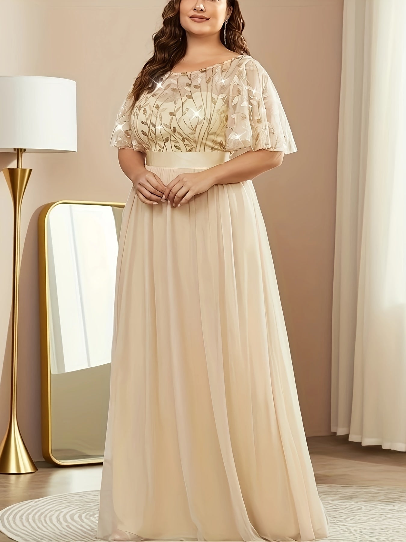 Plus Size Evening Gown Floral Embellished Long Sleeveless A-Line Dress for Weddings