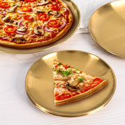 Ko'p maqsadli zanglamas po'latdan yasalgan xizmat plitkasi, nafis oltin qoplama - pizza, shirinliklar, steak va boshqalar uchun mos - bayram yig'ilishlari uchun ajoyib - uy, oshxona yoki restoran uchun dumaloq plastinka - ovqat xizmat qilish uchun xavfsiz