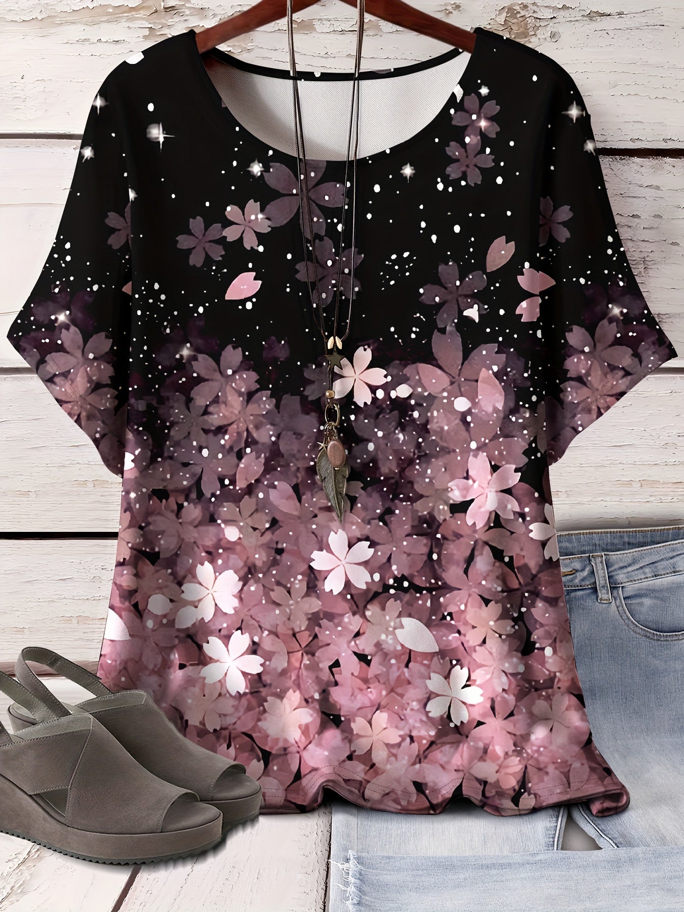 Plus Size Floral Print T-Shirt for Women Casual Spring Summer Polyester Knit Top