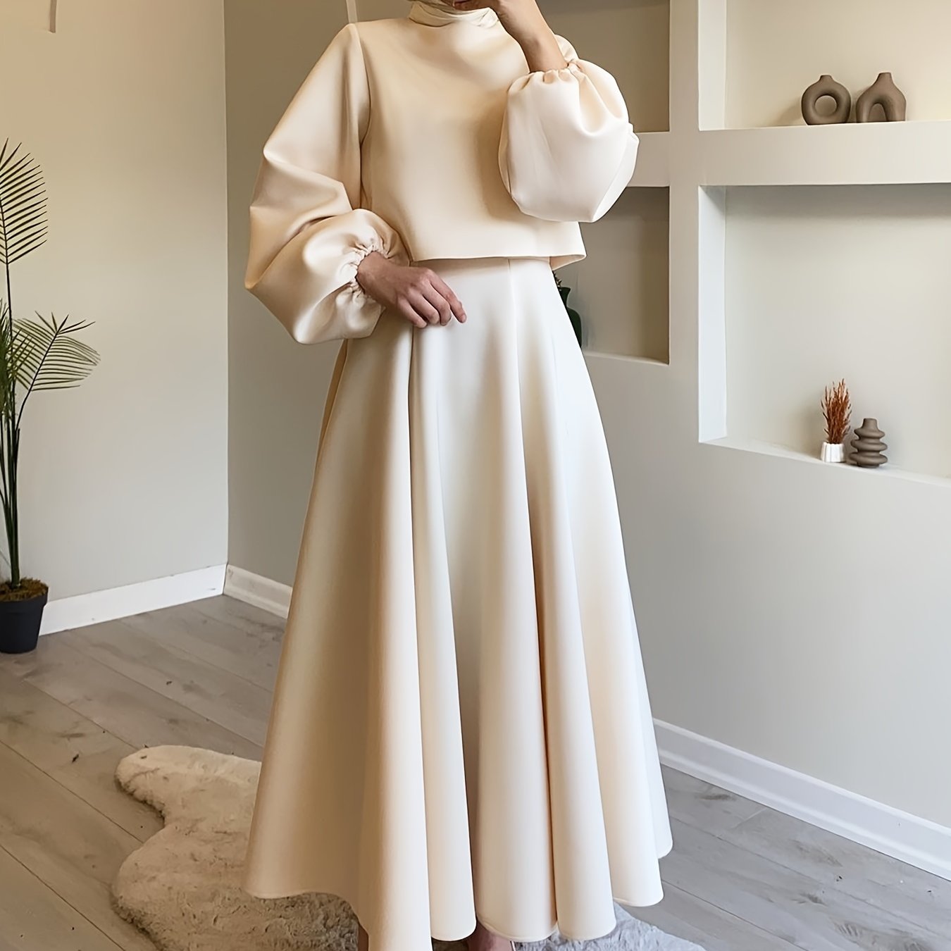 Women's Skirt Set with Lantern Sleeve Top and Draped Midi Skirt Solid Polyester All-Season