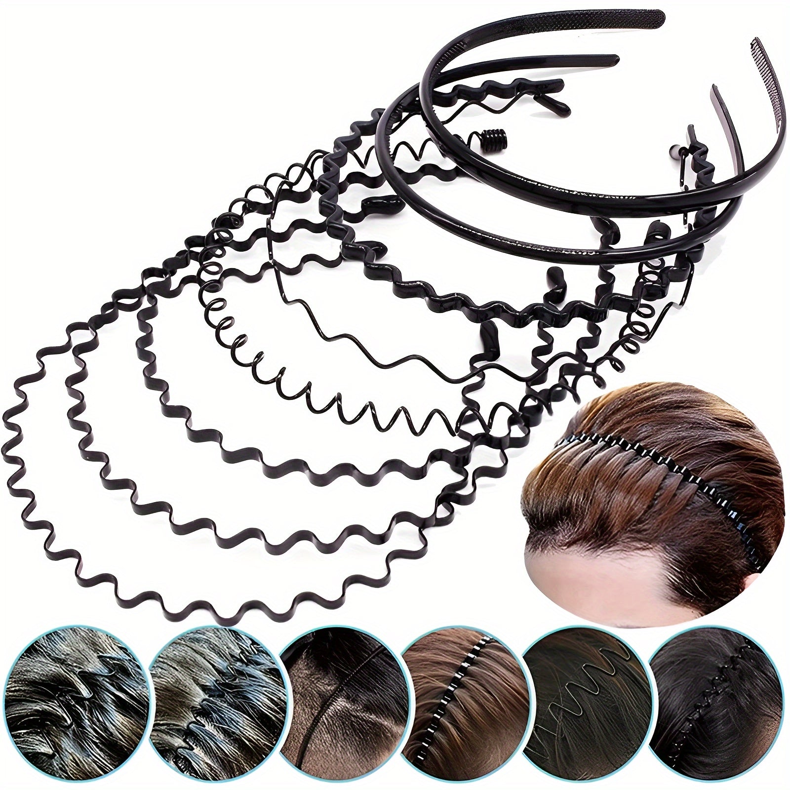 Set of 9 Black Metal Wave Hair Bands Unisex Sports and Daily Wear