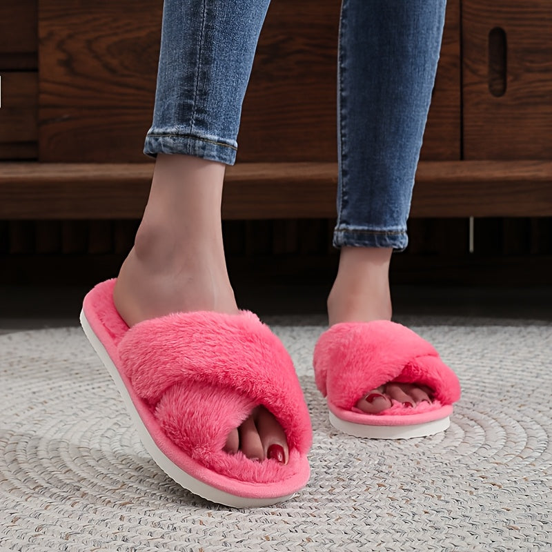 Women's Slip-On Cross Strap House Slippers Plush Furry Lining Flat Shoes