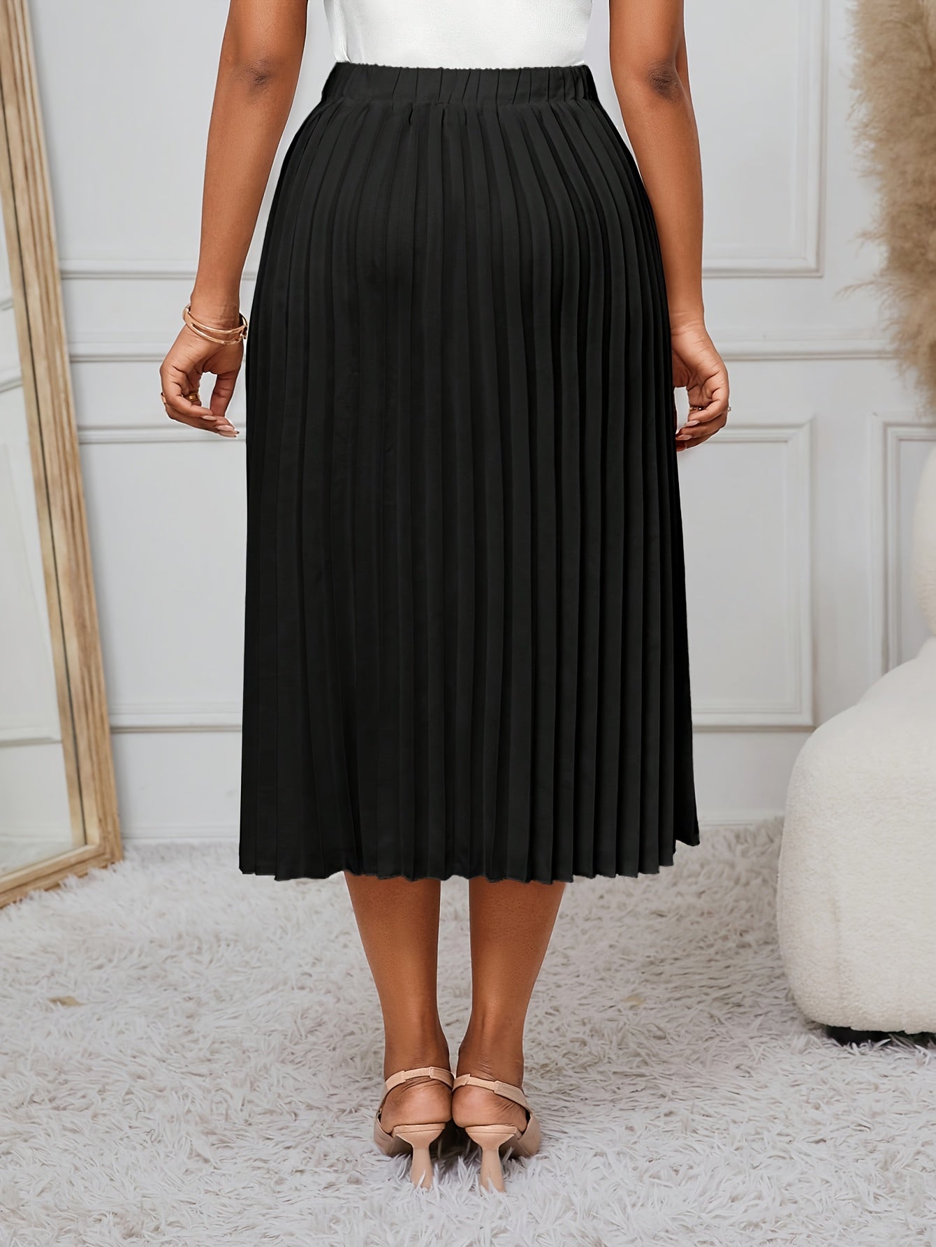 Women's Plus Size Pleated Midi Skirt Polyester High-Rise Black Elegant Versatile