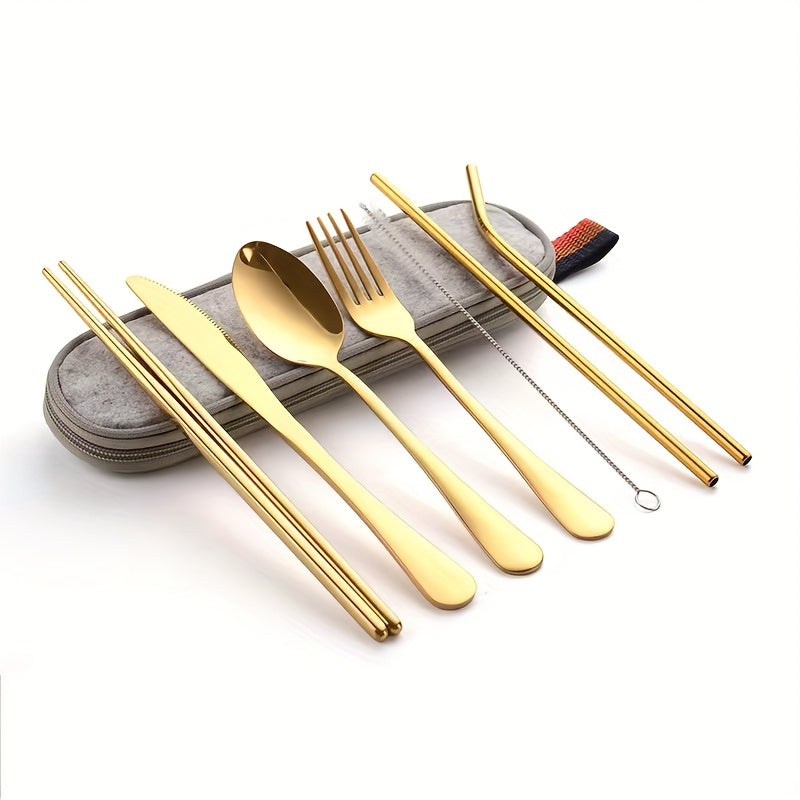 Camping Cutlery Set with 8 Stainless Steel Pieces Knife Fork Spoon Chopsticks and Carry Case