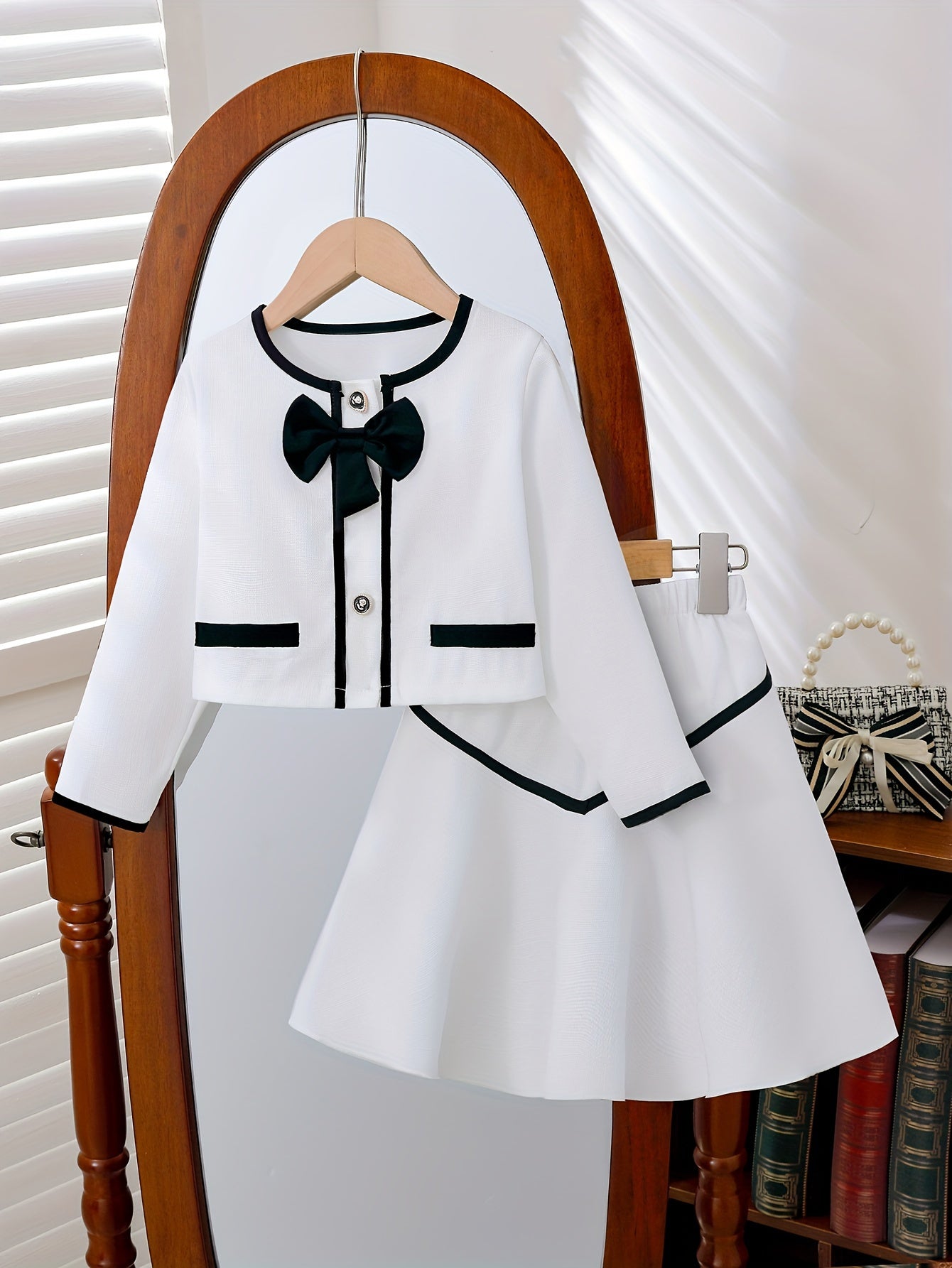 Girls Two-Piece Set with Tweed Top and A-Line Skirt for Spring and Fall