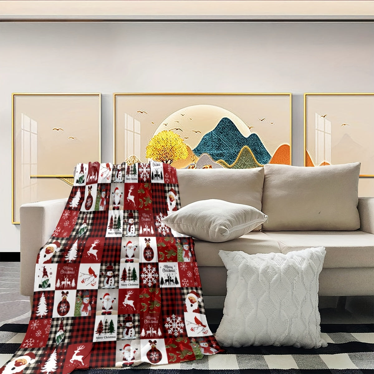 Reversible Christmas Reindeer Snowflake Throw Blanket Polyester Flannel for Sofa Bed Office