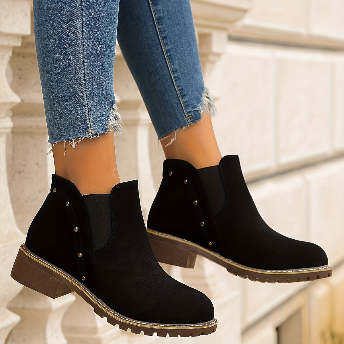Women's Black Chunky Mid-Heel Boots with Round Toe Zipper Non-Slip