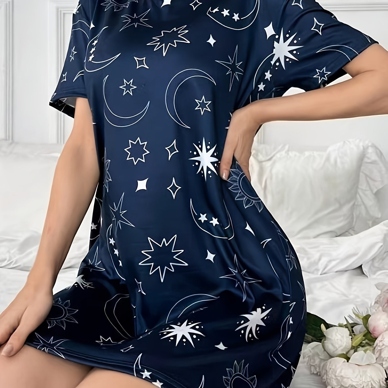 Women's Nightgown with Star and Moon Print Casual Sleepwear Summer Short Sleeve