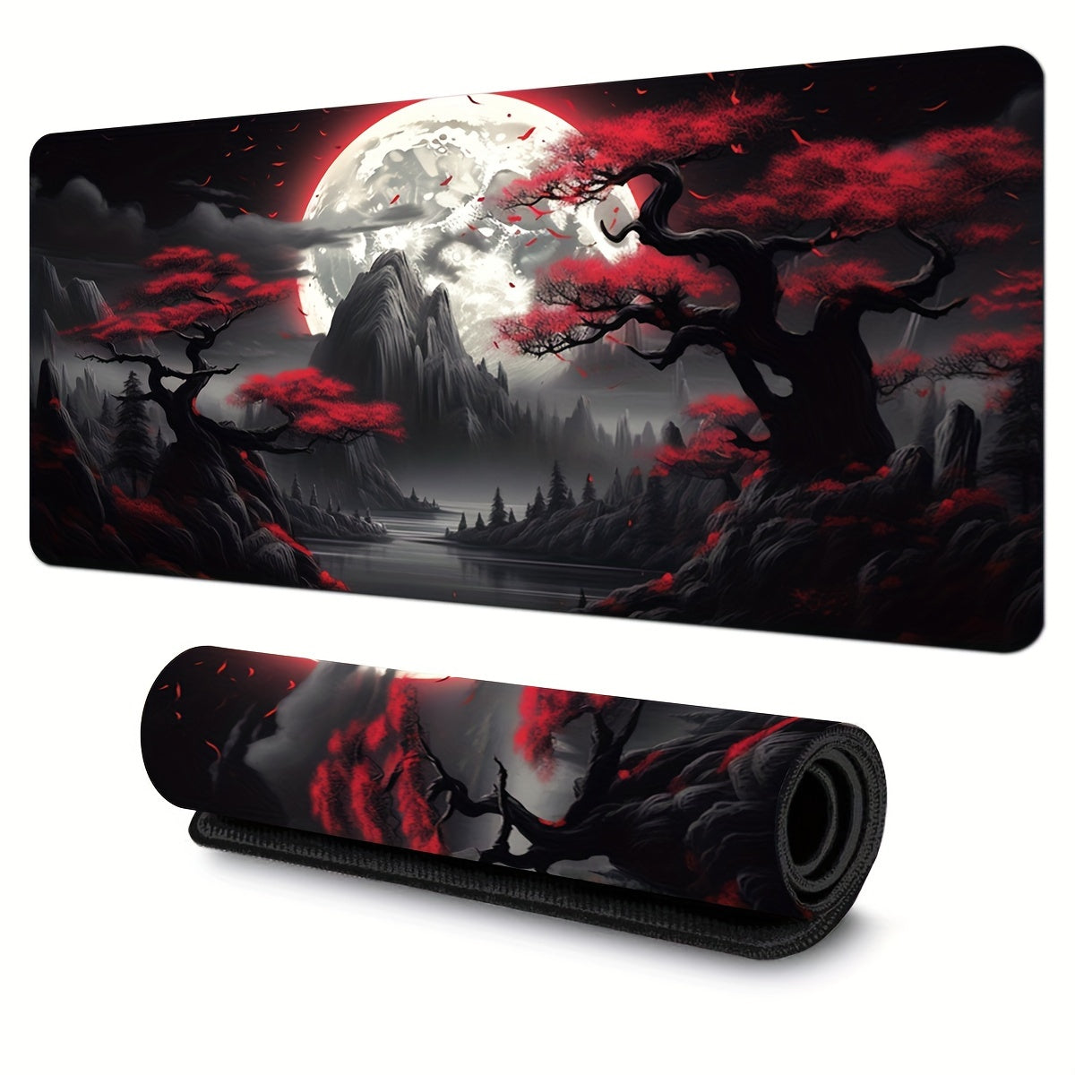 Large Gaming Mouse Pad Obong Dark Red Moon Non-Slip Water-Resistant Desk Mat for E-Sports and Office