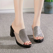 Women's Summer Sandals with Thick High Heels Open Toe Slip-On Anti-Slip Mid-Heel Fashionable