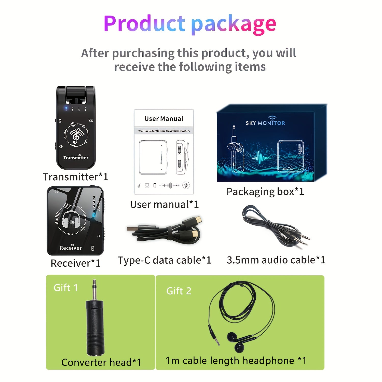 Sahna va guruh ishlatish uchun professional simsiz quloqchin tizimi, ABS materialidan tayyorlangan, yuqori aniqlikdagi audio, past kechikish va uzatkich va qabul qiluvchi uchun uzoq batareya umriga ega.