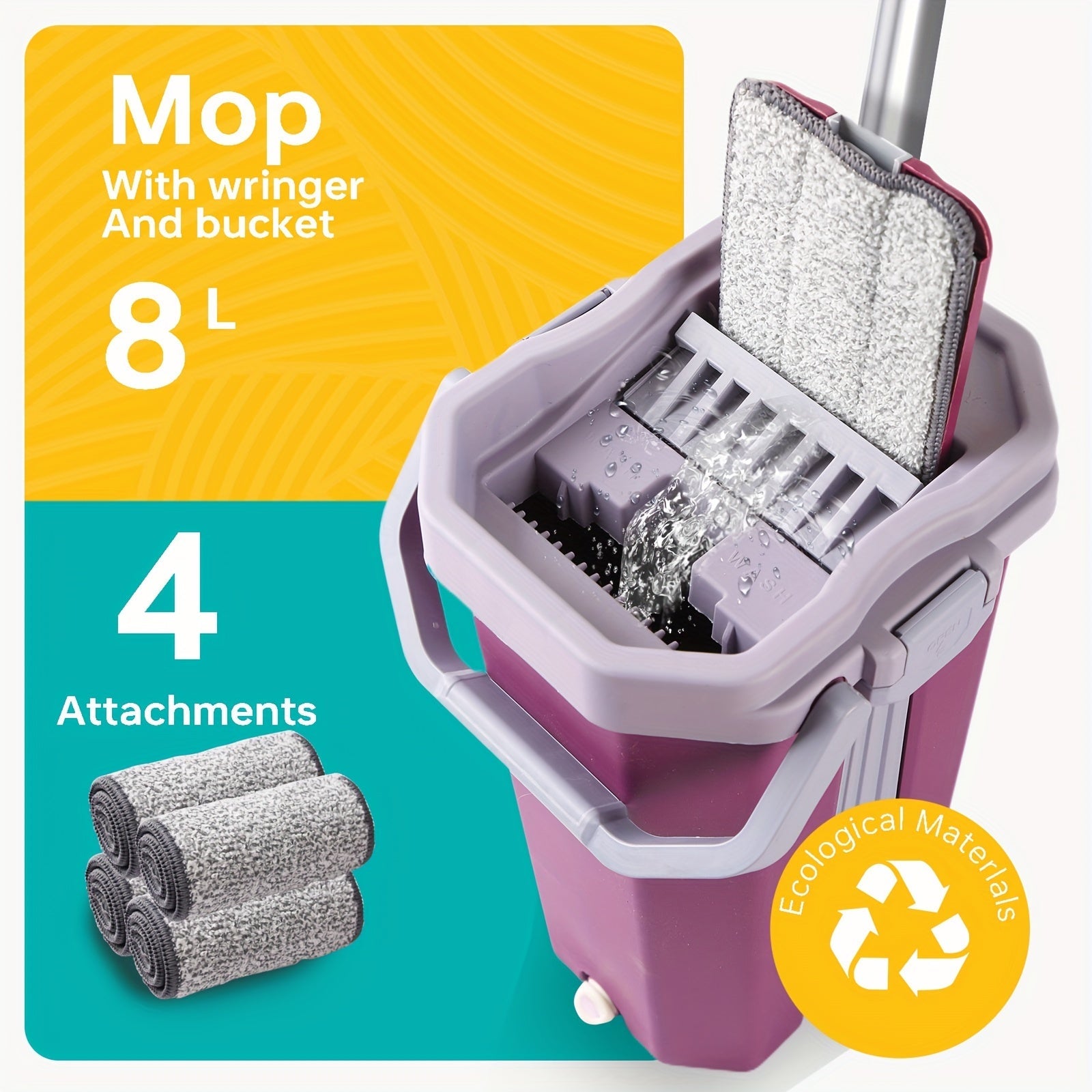 8L Manual Mop and Bucket Set with Microfiber Pads for Floor Cleaning