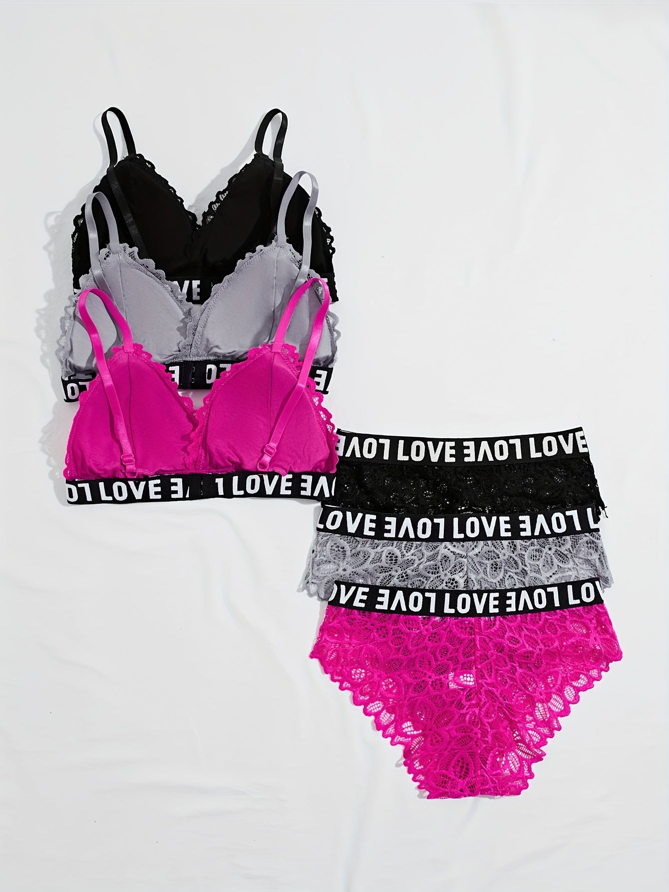 Women's Floral Lace Lingerie Set with Letter Print Contrast Trim Cami Bra and Panties