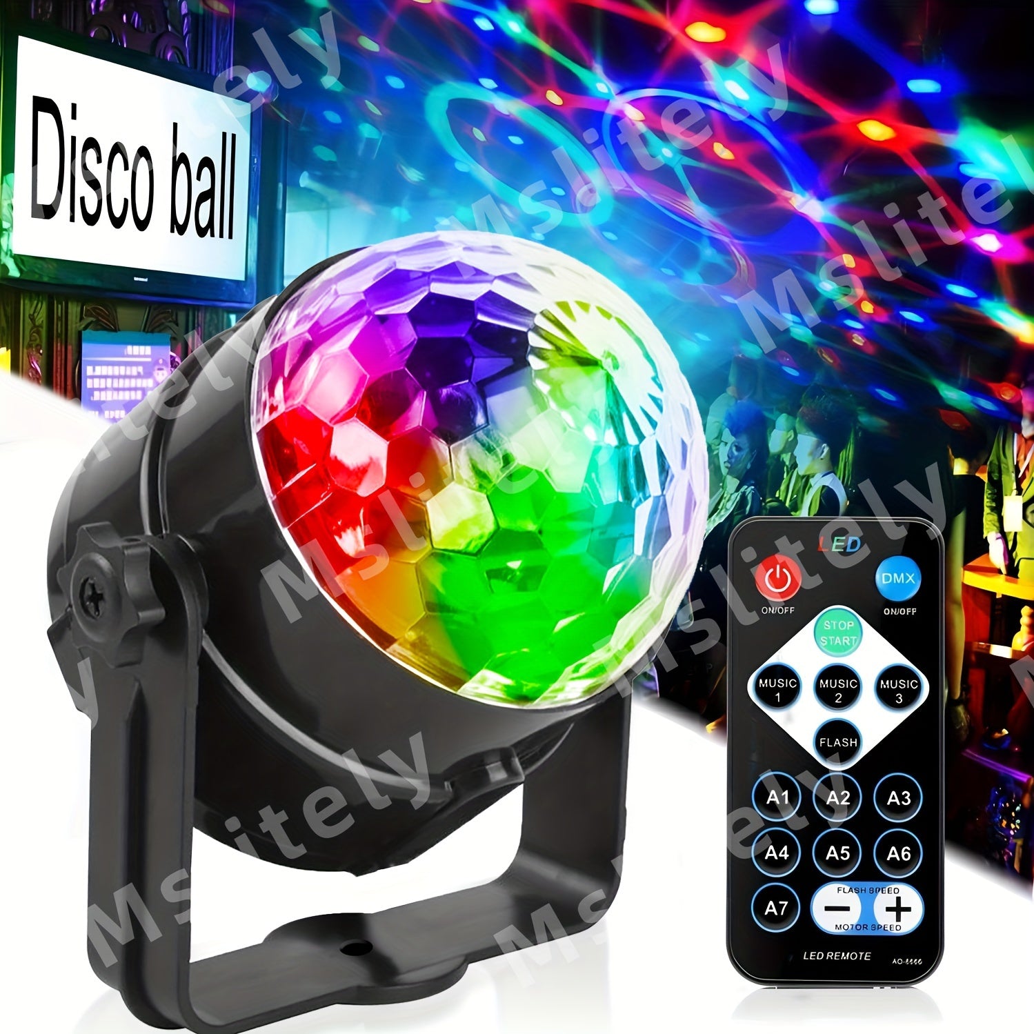 Luz de bola de discoteca LED de 7 colores, alimentada por USB, material ABS negro para fiestas y eventos