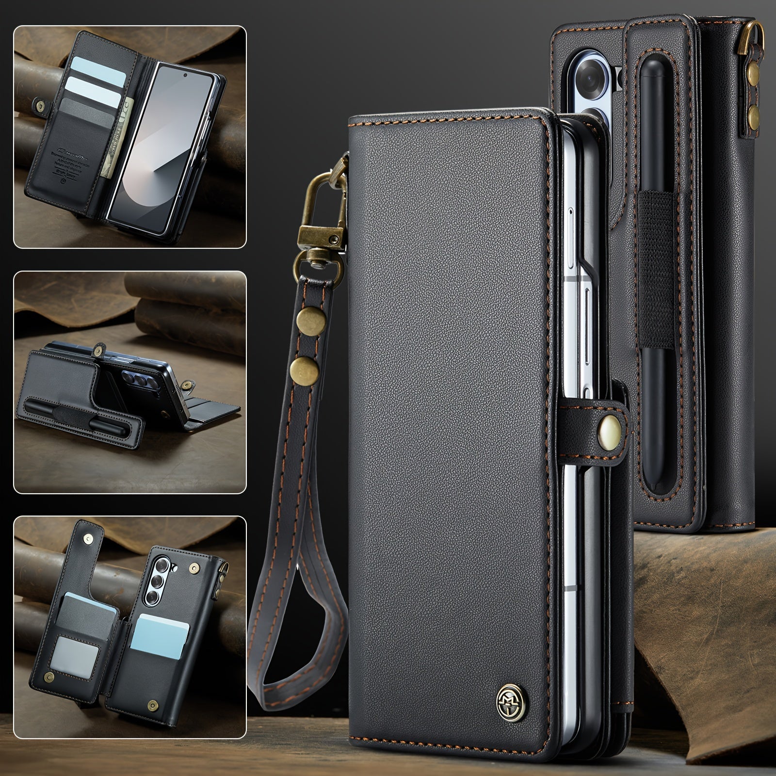 Galaxy Z Fold 6 Faux Leather Wallet Case with RFID Blocking Holder Pen Slot Wrist Strap