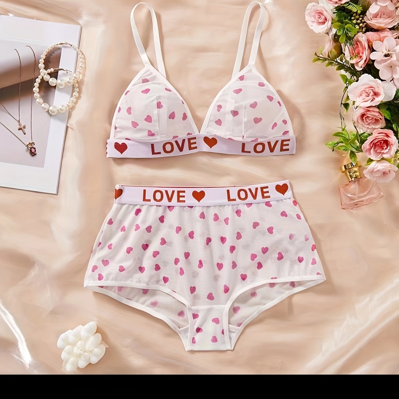 Women's Spaghetti Strap Heart Letter Lingerie Set Sexy Intimates