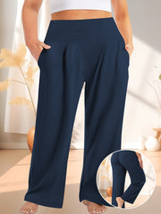 Women's Plus Size High-Waisted Wide Leg Breathable Yoga Pants With Pockets