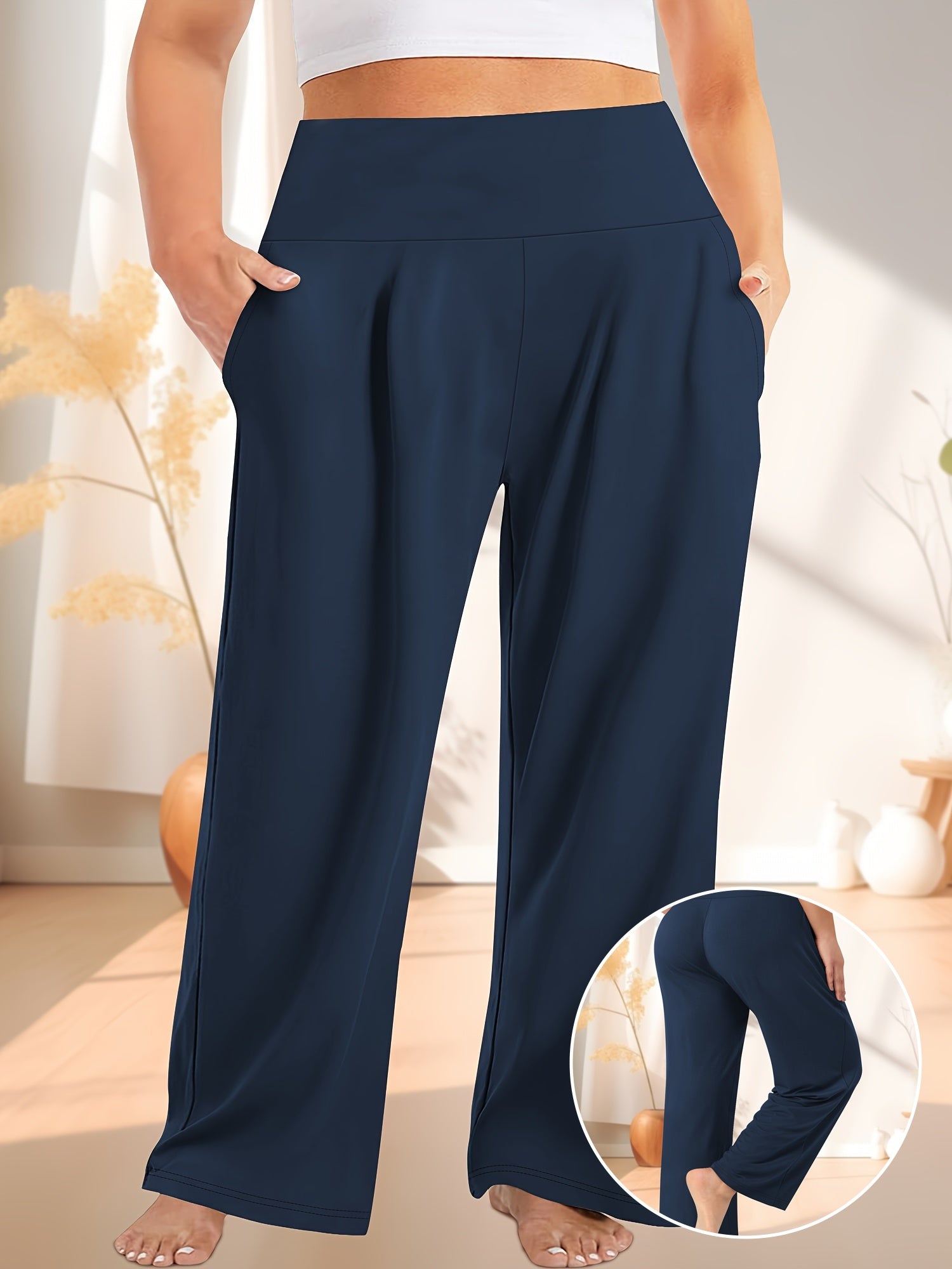 Women's Plus Size High-Waisted Wide Leg Breathable Yoga Pants With Pockets