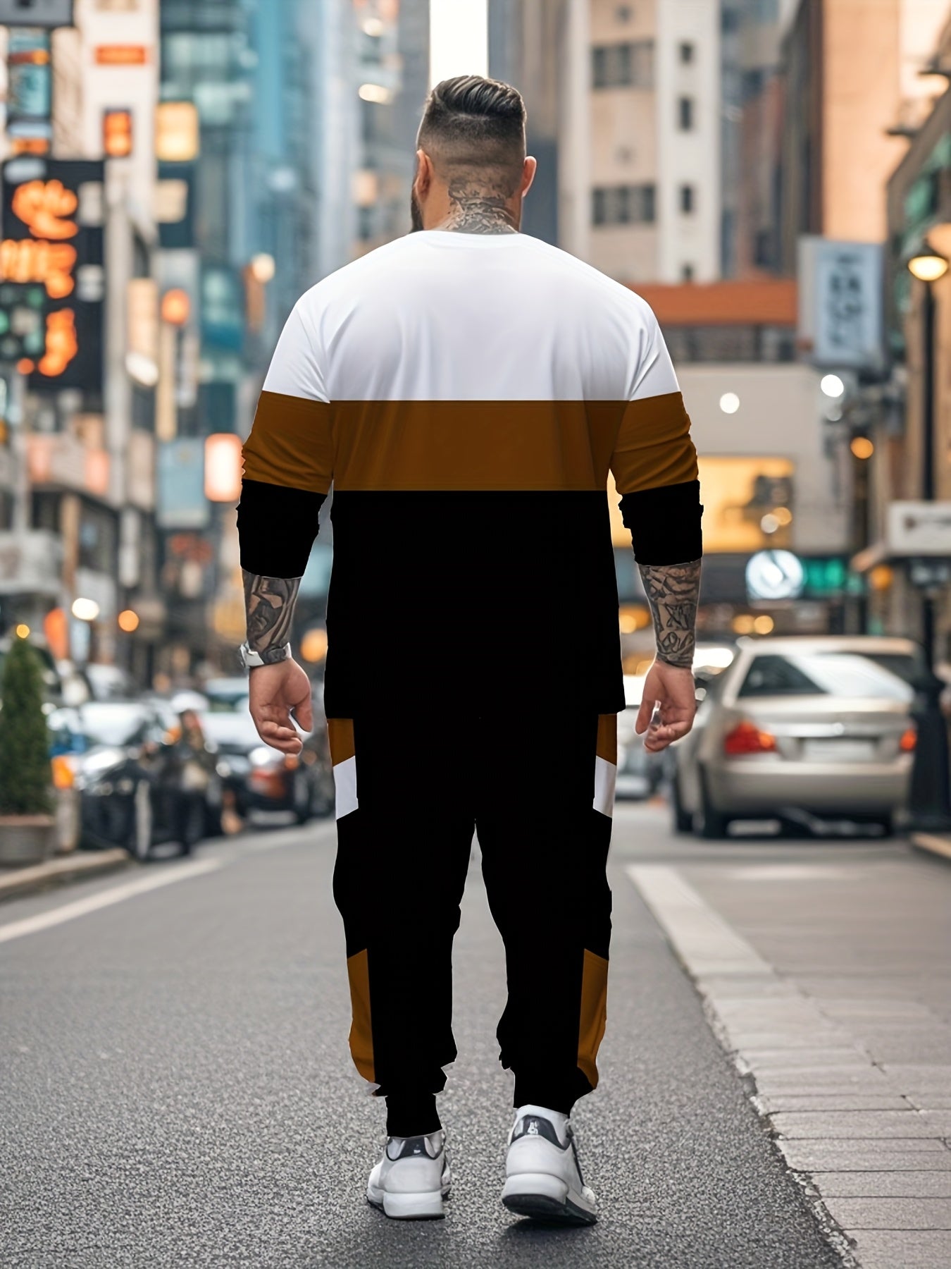 Erkaklar uchun tasodifiy sport to'plami, rang blokli bosma trikotaj mato aralashmasidan tayyorlangan, uzun qo'lqonli crew neck sviter va tortish qopqog'i bilan joggerlarni o'z ichiga oladi. Bahor/kovak uchun mo'ljallangan.