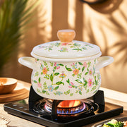 Floral Enamel Soup Pot with Rolled Edges for Open Fire and Induction Cooking