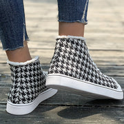 Women's Houndstooth Pattern High-Top Sneakers Black and White Fabric