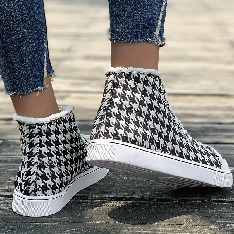 Women's Houndstooth Pattern High-Top Sneakers Black and White Fabric