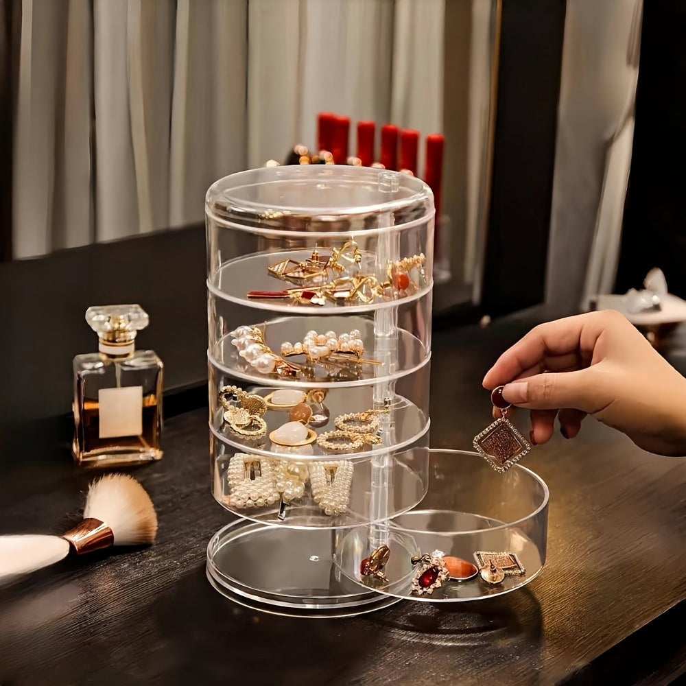 Caja giratoria de almacenamiento para joyas y maquillaje con organizador de plástico redondo para pulseras y pendientes