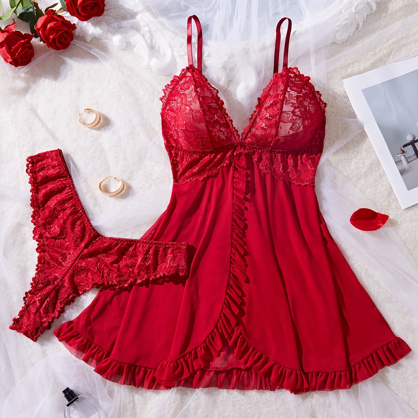 Plus Size Lace Trim Lingerie Sleepwear Set for Women Nightdress and Panty