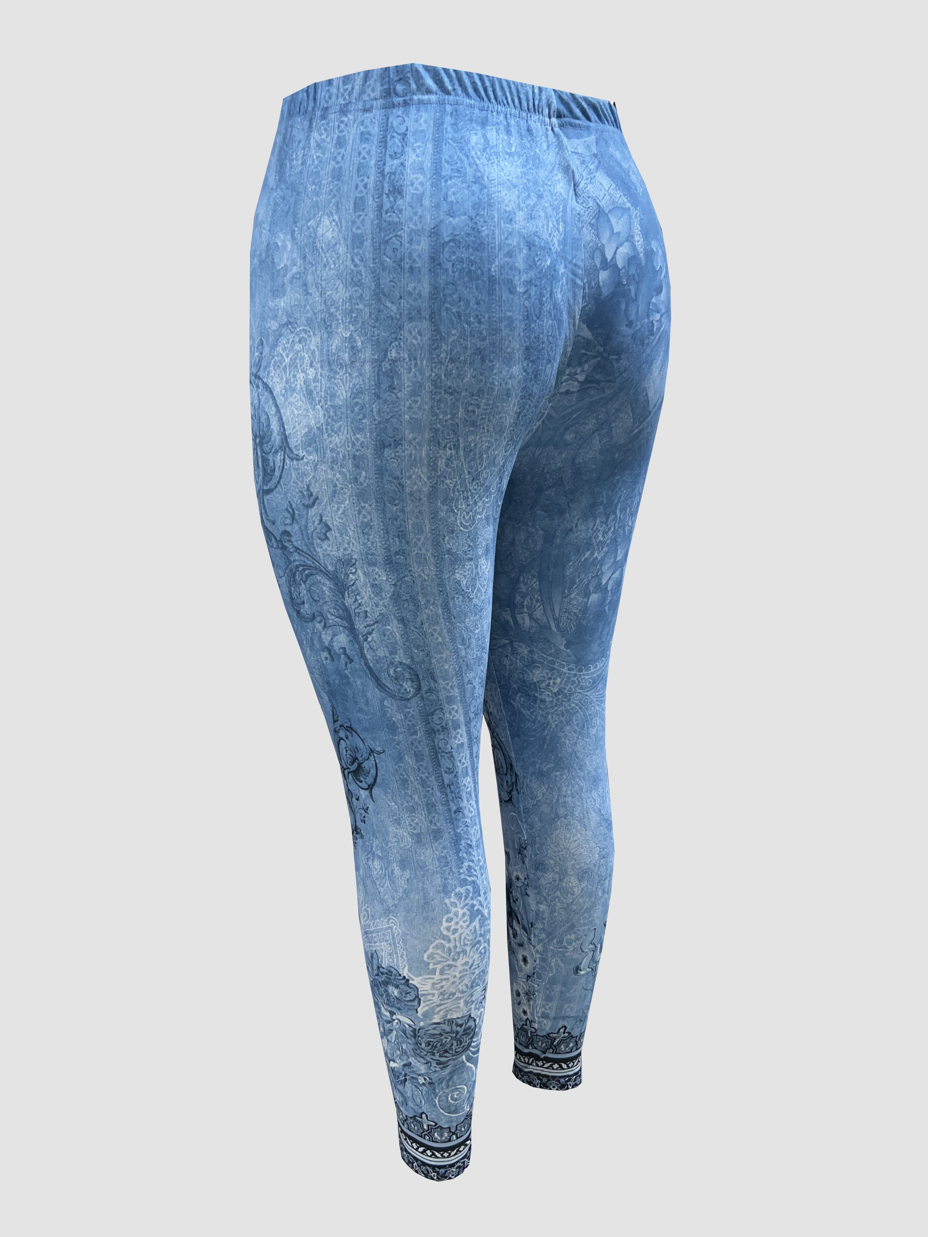 Women's Plus Size Floral Print Stretch Leggings Comfortable Polyester Blue Gray