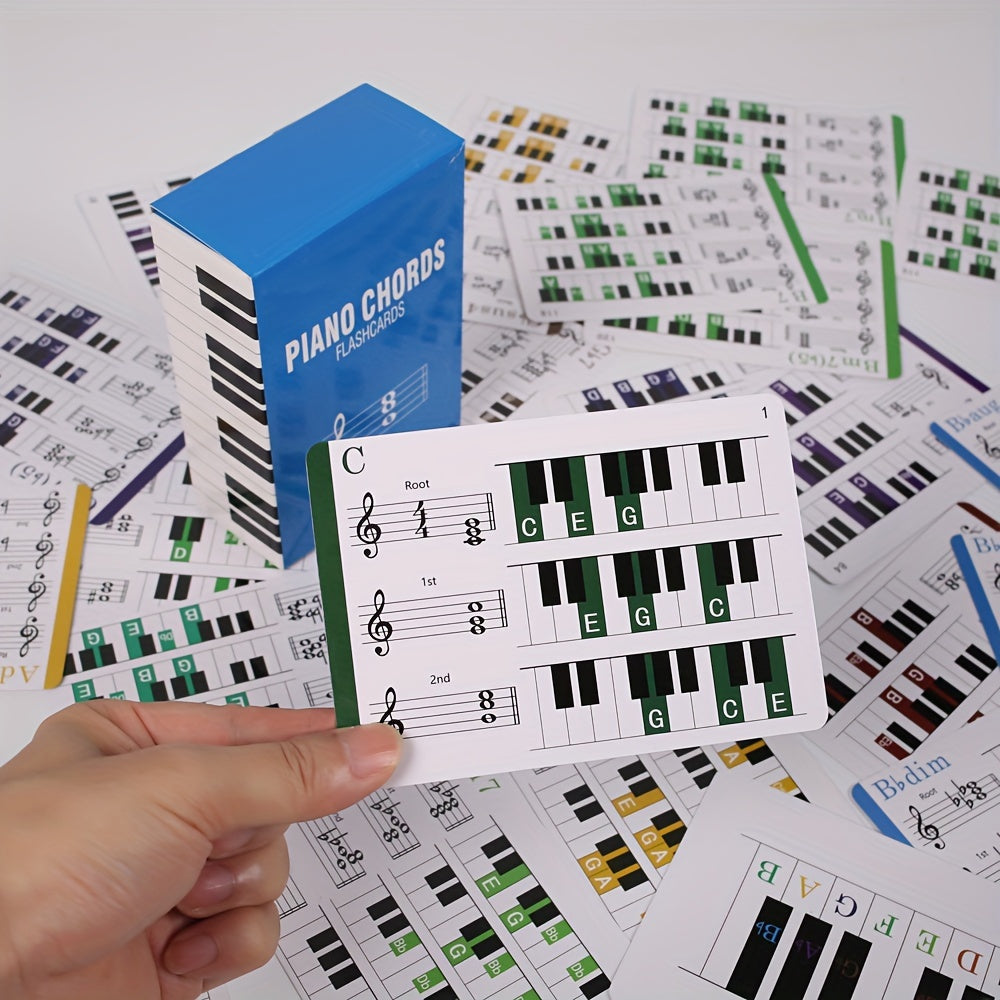 120 ta pianino akordlari uchun rangli kodlash bilan flashkartalar to'plami, 12 ta kalitda 10 ta keng tarqalgan akordni o'z ichiga oladi. Yangi boshlovchilar va musiqa talabalari uchun ideal o'quv vositasi.