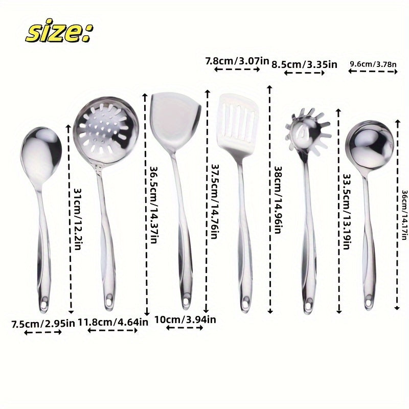 Six-Piece Stainless Steel Kitchen Utensil Set with Hollow Handles and Mirror Finish