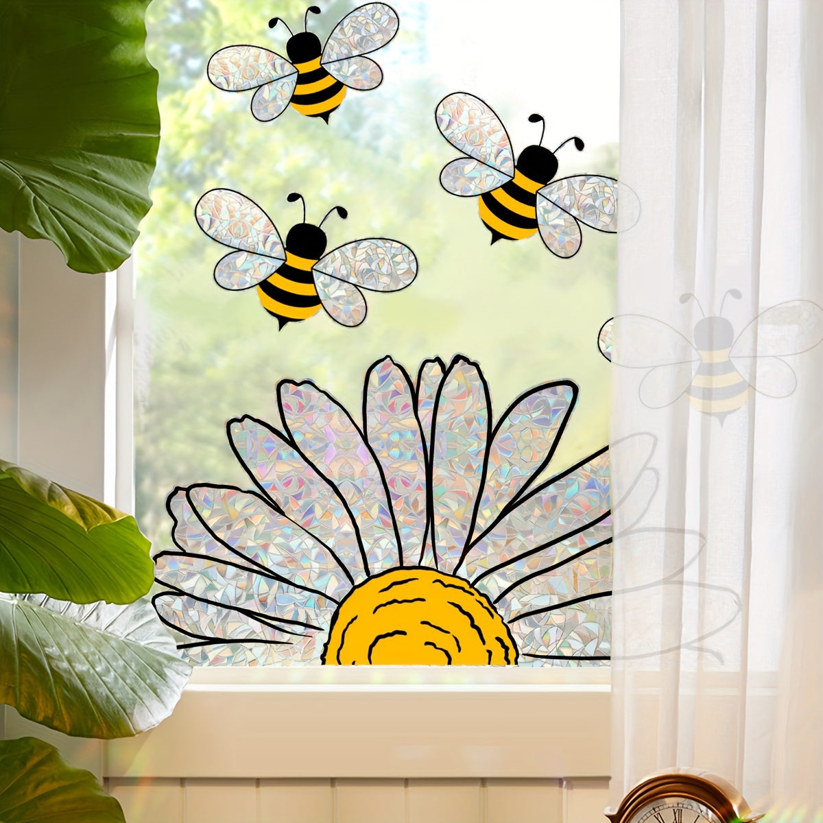 Vibrant Bee and Floral Glass Window Decal PVC Sticker Electrostatic Adhesion Wall Decor