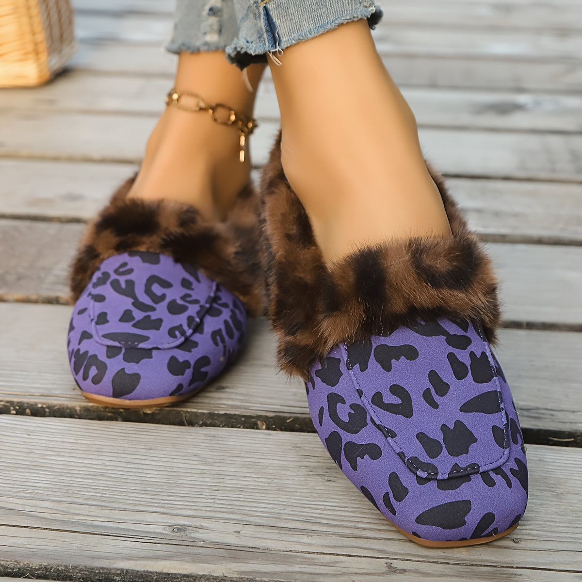 Women’s Leopard Print Plush Slippers Warm Faux Fur Indoor Shoes