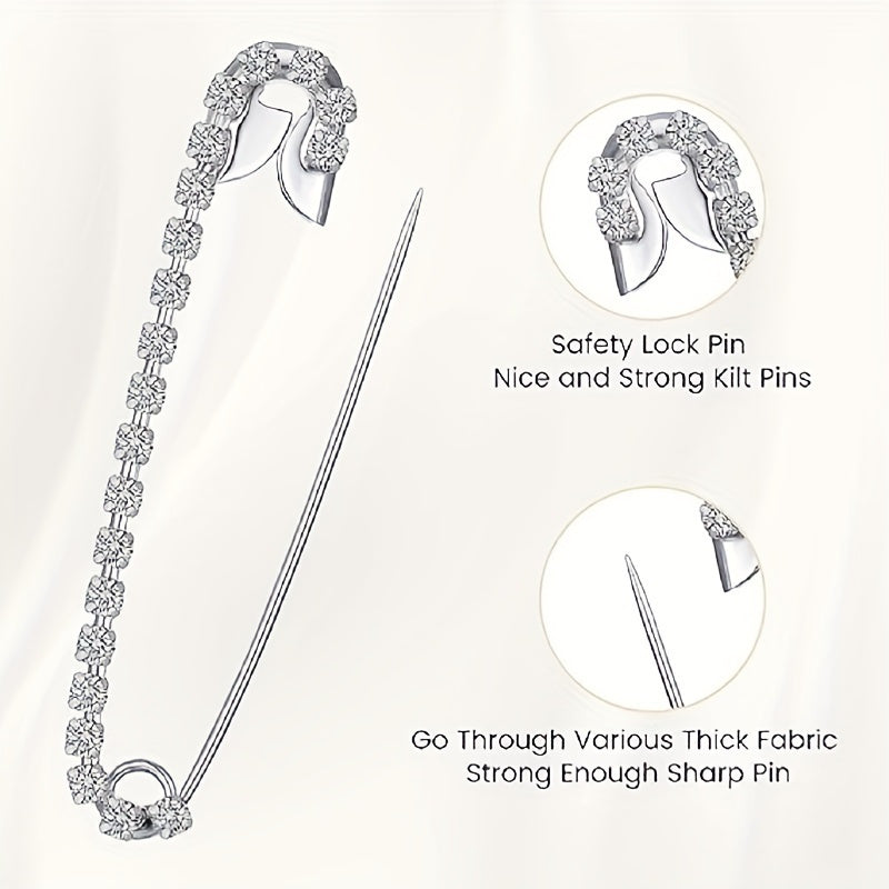 Set of 5 Silver Tone Alloy Safety Pins with Rhinestones, Irregular Shapes for Crafts and Clothing