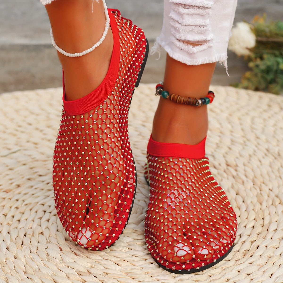 Women's Rhinestone Flat Sandals Summer Hollow Out Slip On Shoes