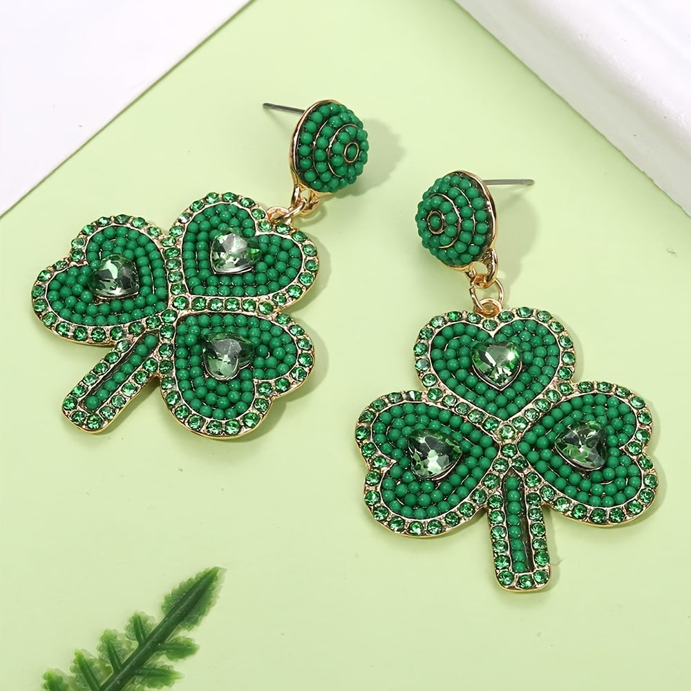 Green Clover Earrings for Women Beaded Rhinestones St. Patrick's Day Jewelry