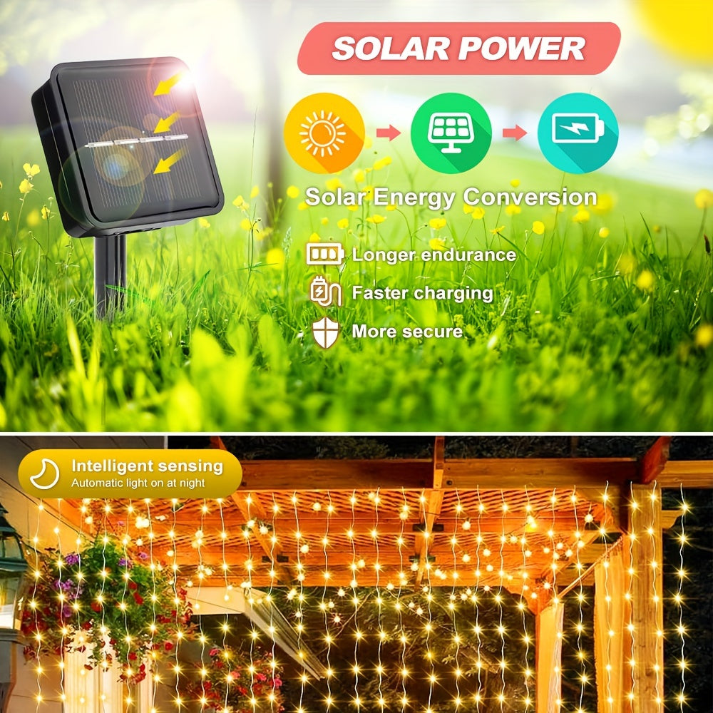 Солнечные водопадные светодиодные гирлянды с 300 светодиодами, 8 режимов. Идеально подходит для оформления на открытом воздухе и в помещении, отлично подходит для кемпинга, свадеб, вечеринок, автодомов и патио. Размеры: 298,7x298,7 см.