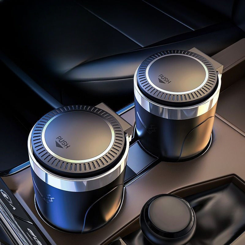 Car LED Ashtray with Push-to-Open Cover and Anti-Splash Metal Liner