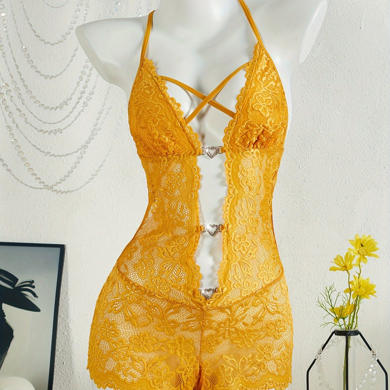 Women's Lace Teddy and Heart Ring Bodysuit Sexy Lingerie