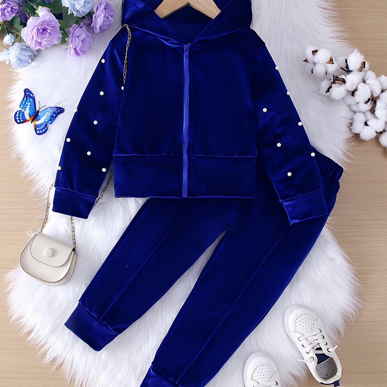 Girls Velvet Suit with Beaded Zipper Hooded Jacket and Trousers for Spring and Fall Outdoor Casual