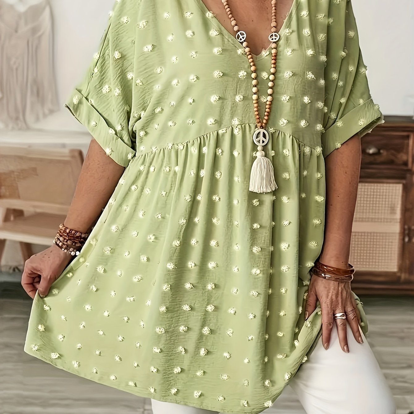 Women's Plus Size V-Neck Batwing Sleeve Blouse Stretchy Polyester Black White Dot