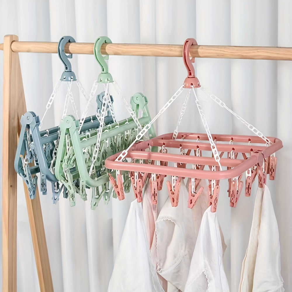 Foldable Clothes Organizer with 32 Clips for Socks and Underwear in Pink Blue Green
