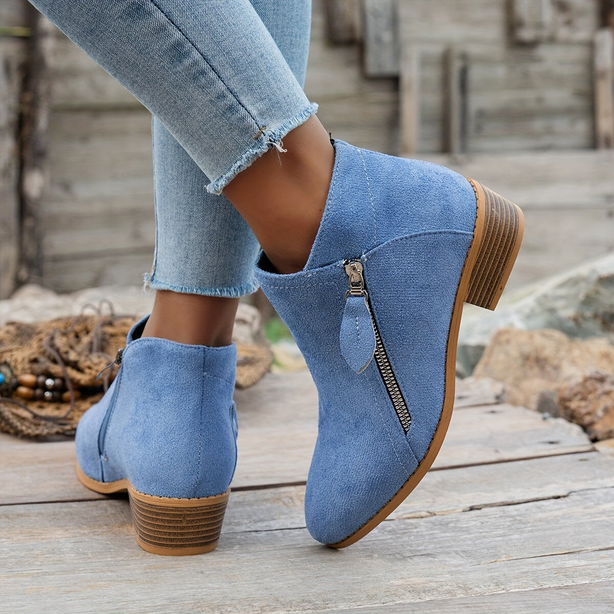 Women's Chunky Heel Ankle Boots Fabric Low Block Zipper Winter Casual