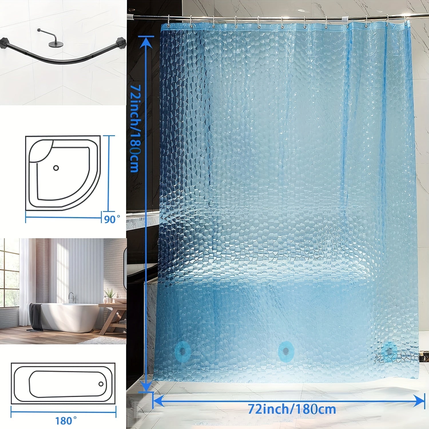 Blue Waterproof 3D Pebble Pattern Shower Curtain 72x72 Inches for Bathroom