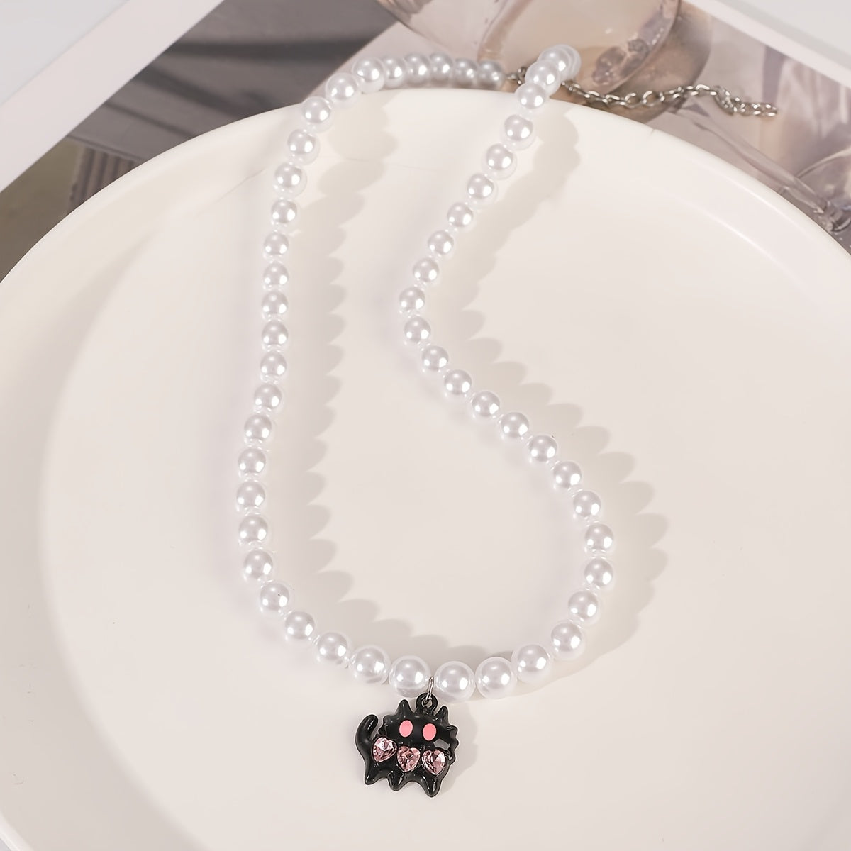 Women's Y2K Style Necklace Set with Faux Pearl Pink Monster Heart Cross Pendants 4 Pieces Jewelry Gift