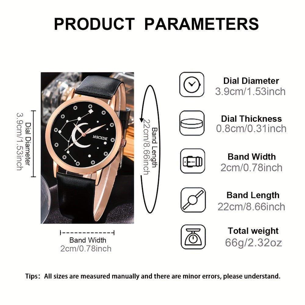 Women's 3-Piece Watch Set with Quartz Movement Faux Leather Wristwatches Wallet Glasses