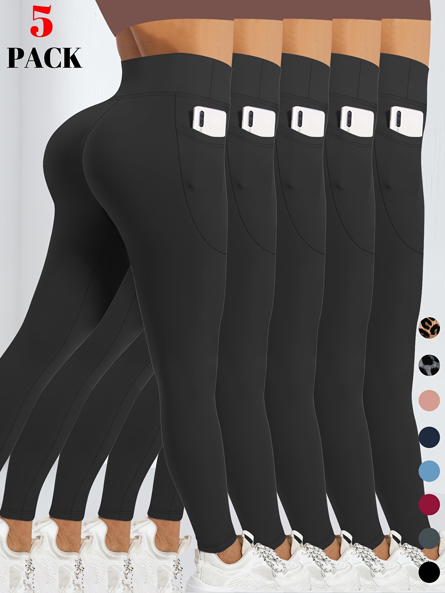 Leggings de yoga de cintura alta para mujer con control de abdomen y bolsillos negro rojo azul rosa