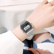 Women's LED Square Wristwatch with Date Stopwatch Alarm Luminous Stainless Steel Strap